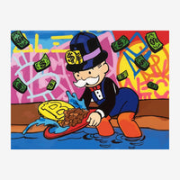 Un personnage au visage souriant vêtu d'un costume bleu et d'un chapeau noir récupère des lingots d'or tandis que des.