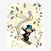 Un homme en smoking noir et haut-de-forme bleu dévale des pentes en ski, entouré d'une multitude de symboles dollar noirs en.