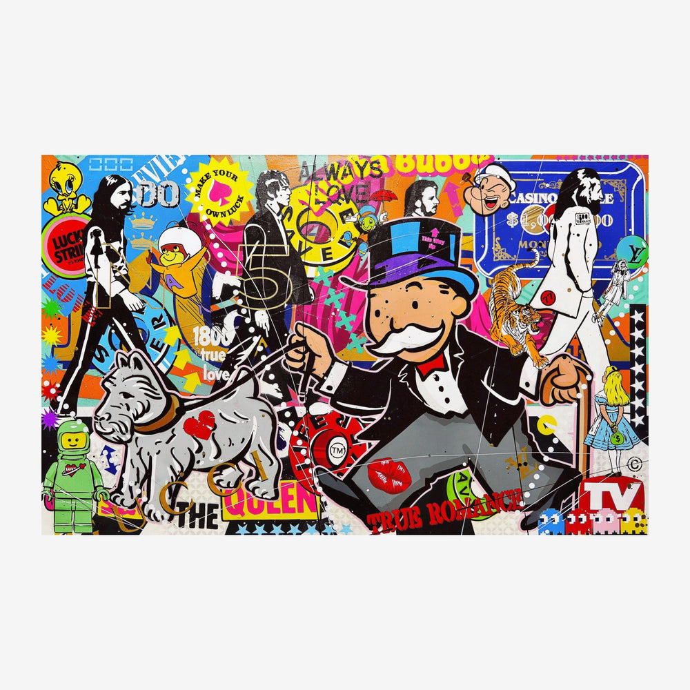 Affiche pop art colorée montrant Mr Monopoly en smoking au centre, entouré de silhouettes, de symboles de jeu et de.