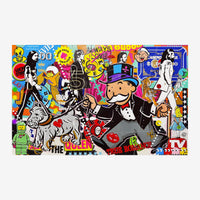 Affiche pop art colorée montrant Mr Monopoly en smoking au centre, entouré de silhouettes, de symboles de jeu et de.