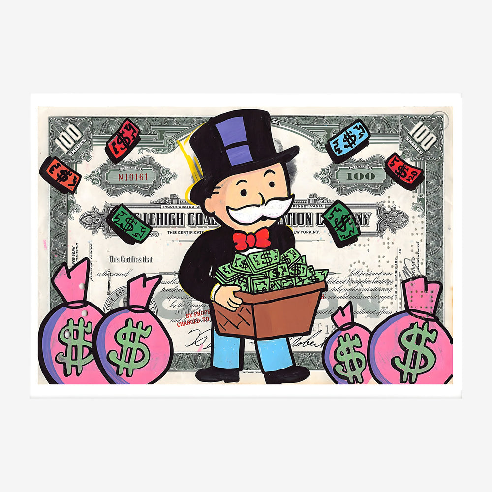 Un personnage Monopoly souriant en costume noir et haut-de-forme, tenant une malette remplie d'argent, entouré de sacs à.