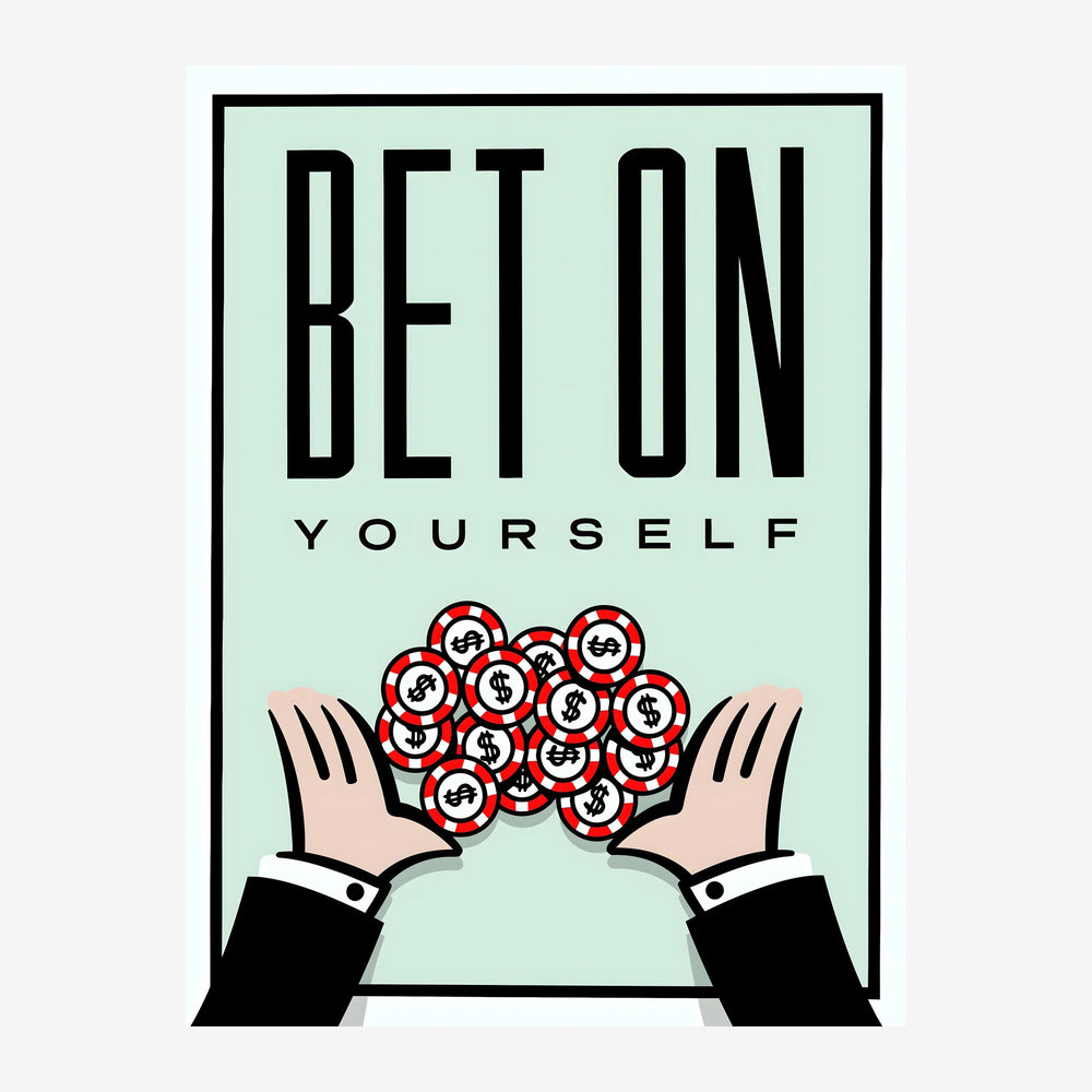 Affiche pop art montrant deux mains en noir et blanc présentant des jetons rouges sur fond vert menthe, avec le texte « BET.