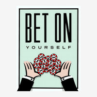 Affiche pop art montrant deux mains en noir et blanc présentant des jetons rouges sur fond vert menthe, avec le texte « BET.