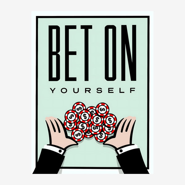 Affiche pop art montrant deux mains en noir et blanc présentant des jetons rouges sur fond vert menthe, avec le texte « BET.