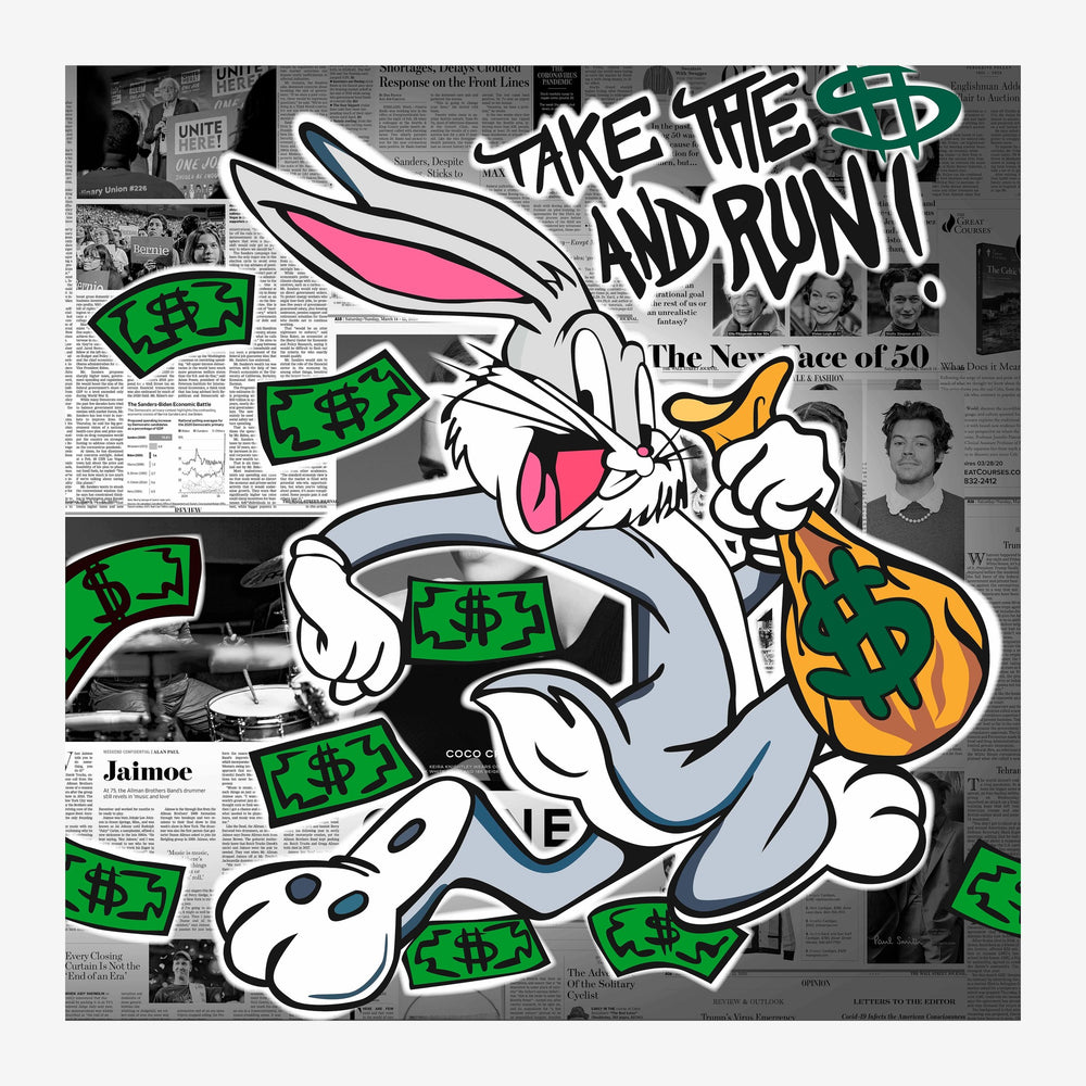 Un lapin blanc aux yeux rouges et à la langue rose danse sur un fond de journaux en noir et blanc, entouré de billets verts.