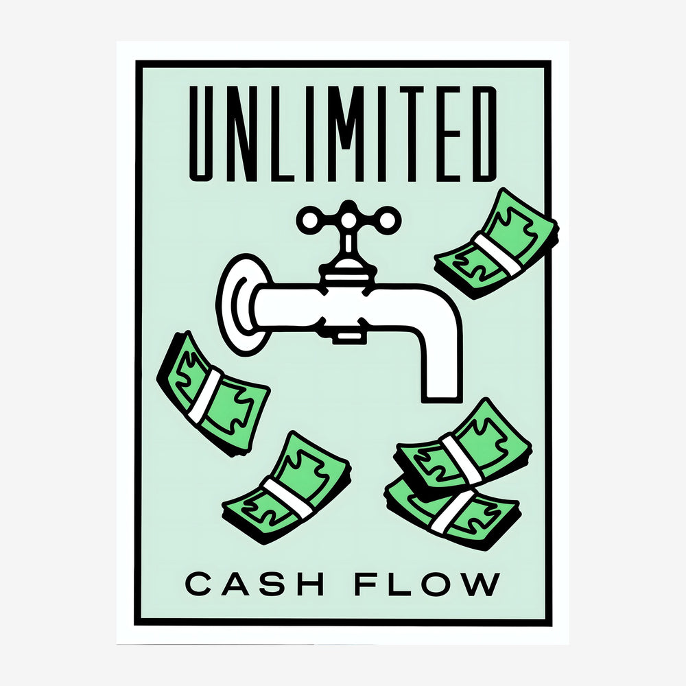 Affiche avec fond vert menthe montrant un robinet stylisé d'où s'écoulent des billets de banque verts, texte "UNLIMITED" en.