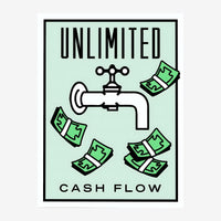 Affiche avec fond vert menthe montrant un robinet stylisé d'où s'écoulent des billets de banque verts, texte "UNLIMITED" en.