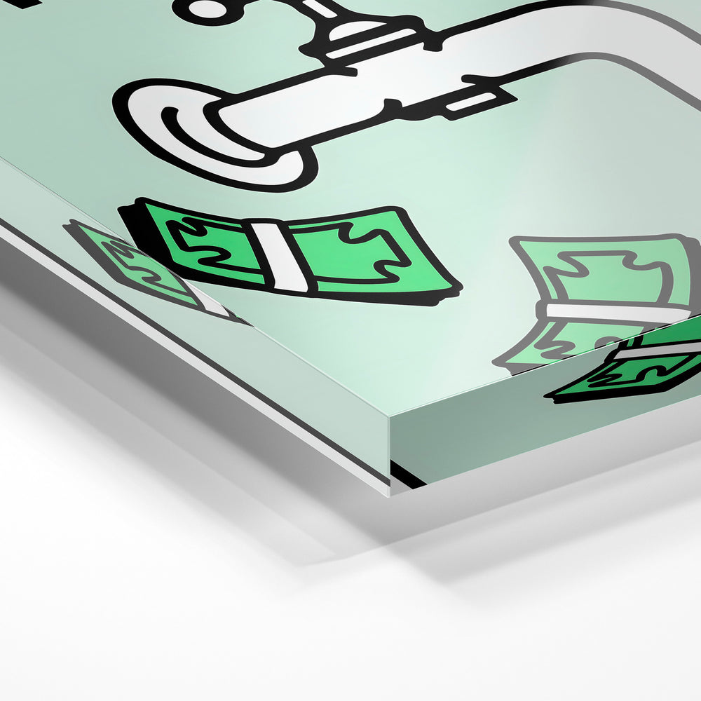 Gros plan de la matière : le tirage sous verre acrylique, tranche transparente visible.