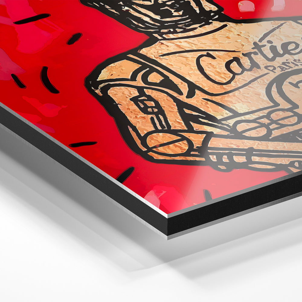 Gros plan du relief : la surépaisseur d'encre en lumière rasante sur aluminium Dibond.