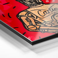 Gros plan du relief : la surépaisseur d'encre en lumière rasante sur aluminium Dibond.