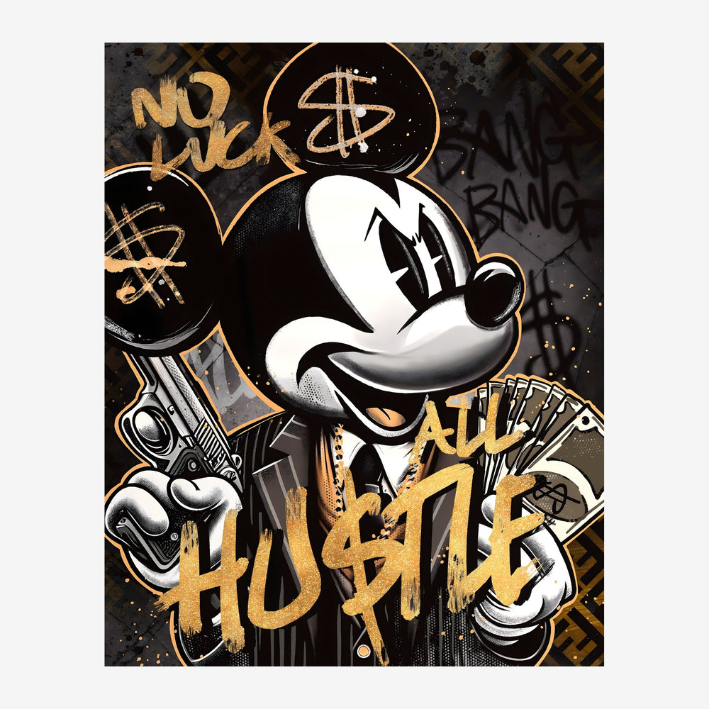 Un personnage de dessins animés en costume de gangster des années 1920, armé de deux pistolets, entouré de graffitis dorés.