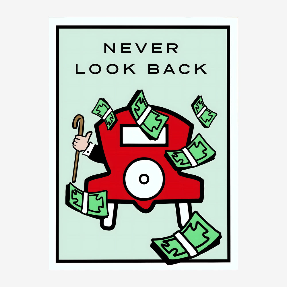 Illustration pop art d'un personnage rouge et blanc jonglant avec des billets de banque verts sur fond menthe, avec le texte.