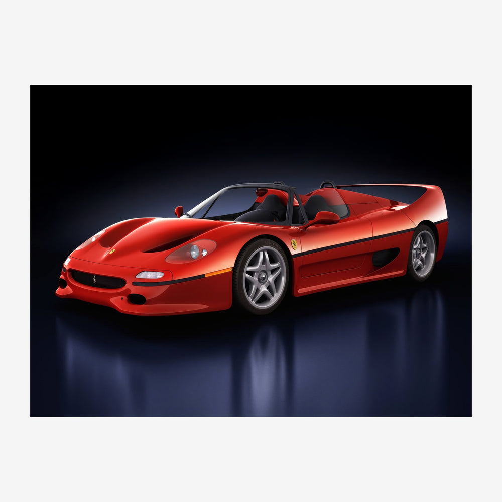 Voiture de sport rouge métallisé présentée de trois quarts sur fond noir, avec jantes alliage et intérieur rouge visible.