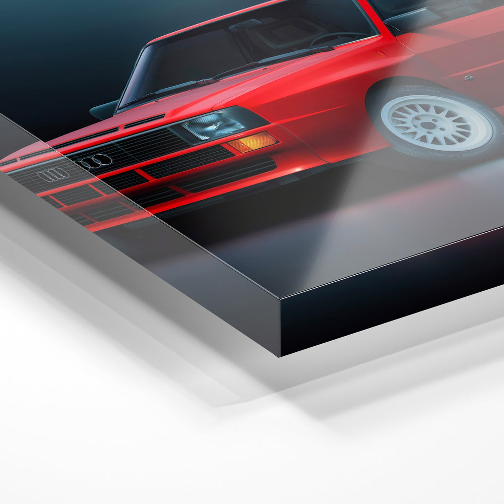 Gros plan de la matière : le tirage sous verre acrylique, tranche transparente visible.