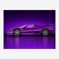 Une voiture de sport violette décapotable vue de profil sur fond dégradé violet, avec reflet au sol et jantes chromées.