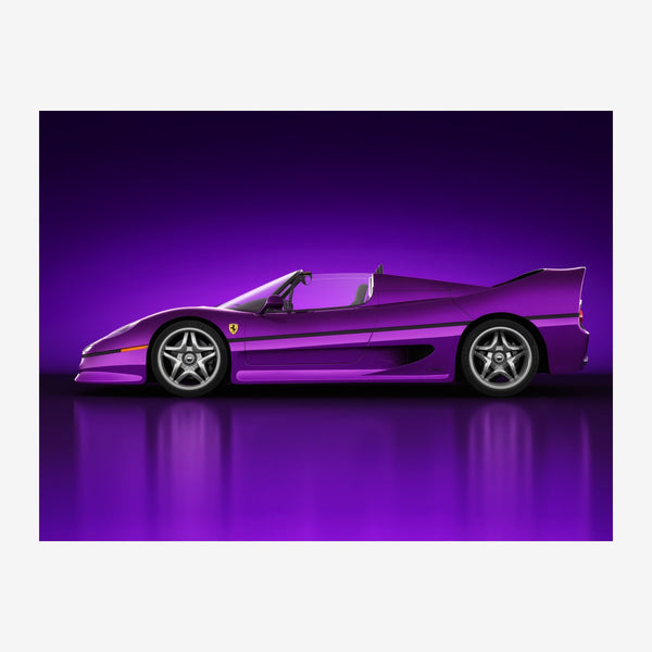 Une voiture de sport violette décapotable vue de profil sur fond dégradé violet, avec reflet au sol et jantes chromées.