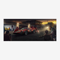 Scène de garage au coucher de soleil avec une voiture de course rouge entourée de silhouettes de spectateurs et de.