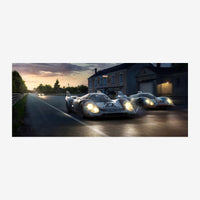 Trois voitures de sport blanches et grises sur un circuit routier au crépuscule, avec une maison bleue en arrière-plan et un.