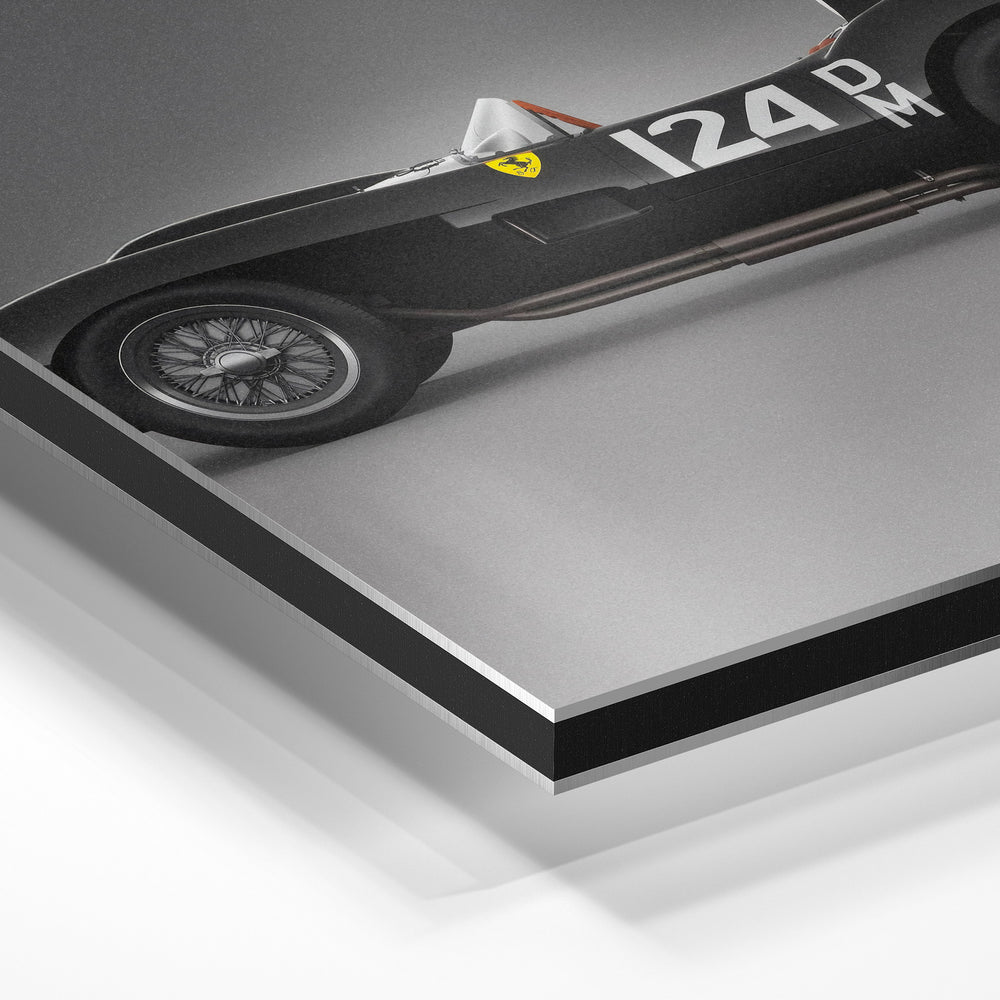 Gros plan de la matière : le tirage contrecollé sur aluminium Dibond mat, tranche visible.