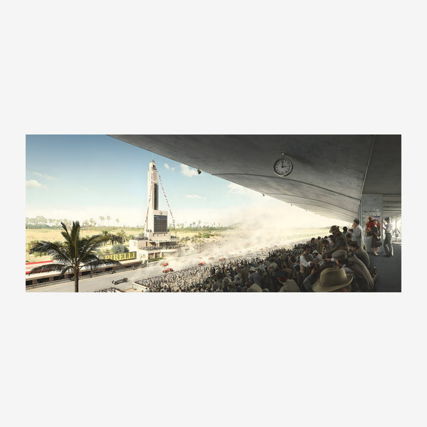 Affiche rétro représentant des éléphants sous un chapiteau de cirque, avec chapiteau blanc, spectateurs et décor urbain en.