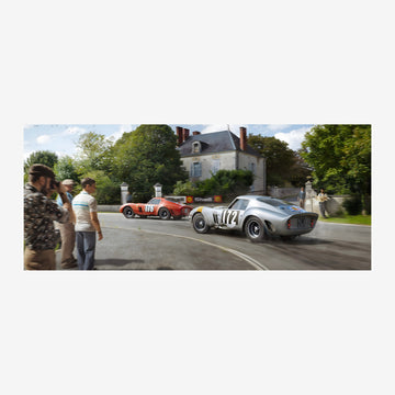 Course automobile vintage devant château
