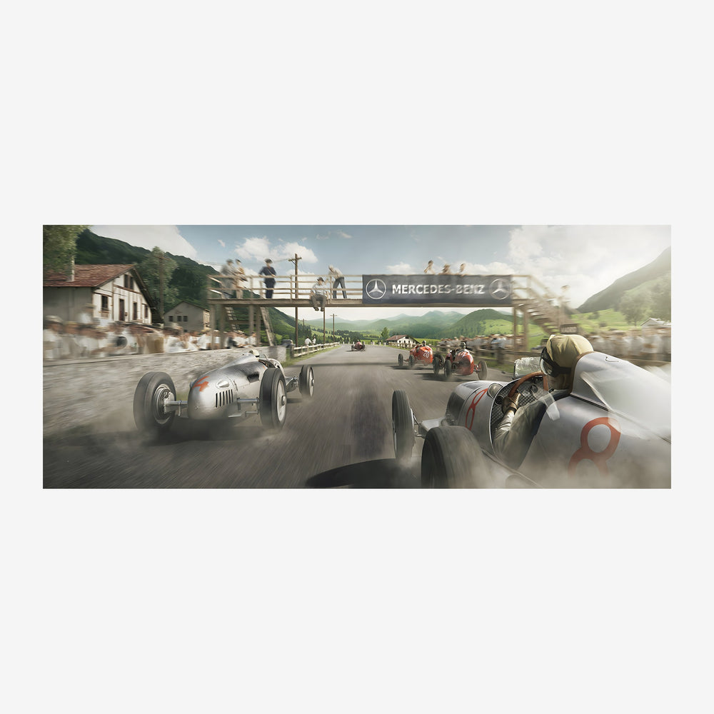 Illustration d'une course automobile vintage avec des bolides gris et blanc filant sur une piste de montagne, avec.