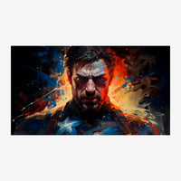 Portrait d'un homme avec barbe entouré d'éclaboussures abstraites en bleu, orange et or créant un effet d'explosion.