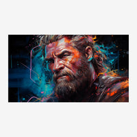 Portrait d'un homme barbu aux traits expressifs, illuminé par des couleurs vives de bleu, orange et rose dans un style art.