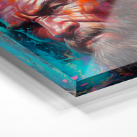 Gros plan de la matière : le tirage sous verre acrylique, tranche transparente visible.
