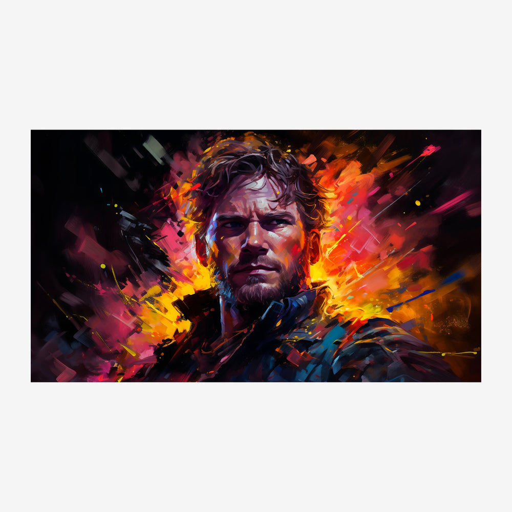 Portrait d'un homme avec barbe, entouré de traînées de flammes rose, orange, jaune et bleu sur fond noir, style pop art.