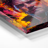 Gros plan de la matière : le tirage sous verre acrylique, tranche transparente visible.