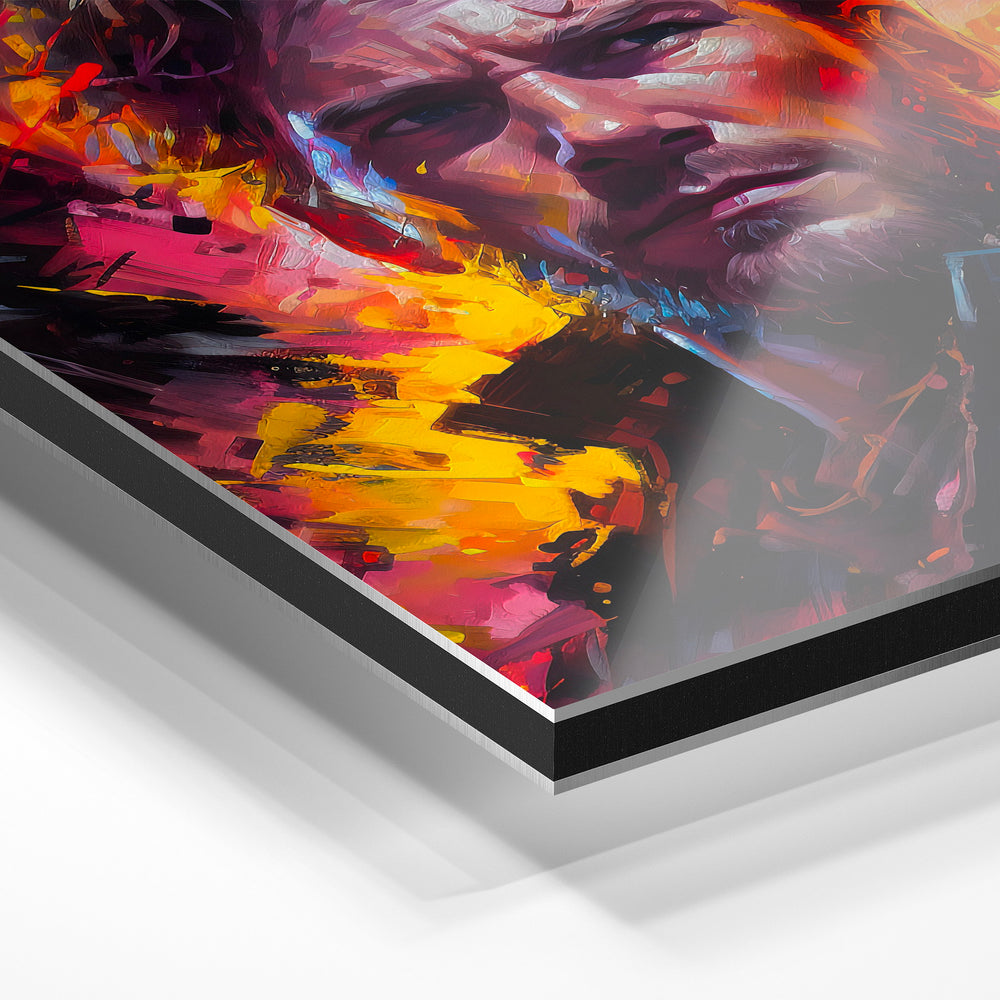 Gros plan du relief : la surépaisseur d'encre en lumière rasante sur aluminium Dibond.
