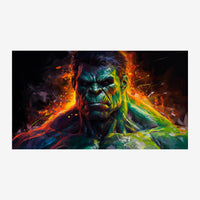 Portrait expressionniste d'un visage émergent des flammes orangées et rouges, aux nuances de bleu, vert et jaune fusionnant.