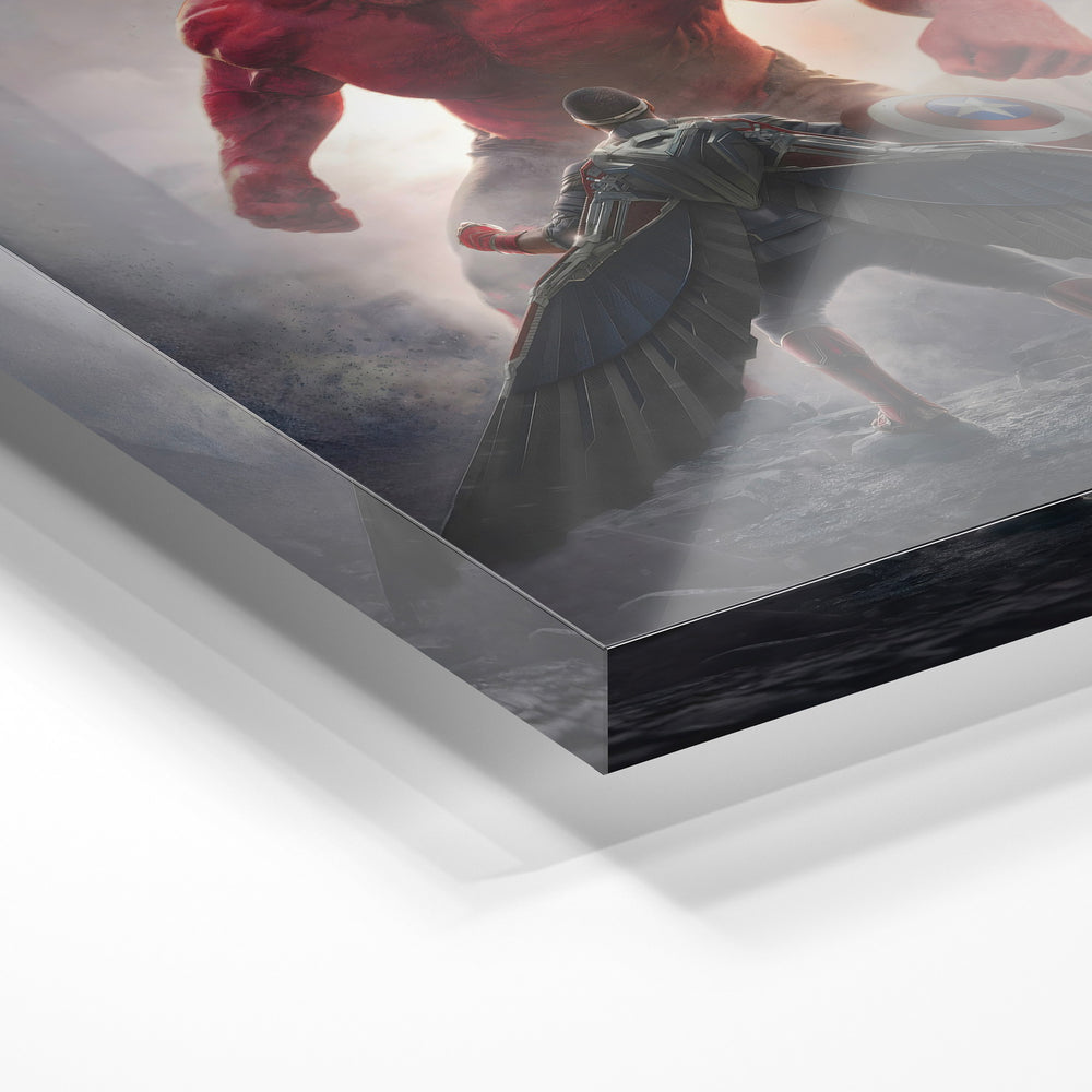 Gros plan de la matière : le tirage sous verre acrylique, tranche transparente visible.
