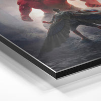 Gros plan de la matière : le tirage contrecollé sur aluminium Dibond mat, tranche visible.