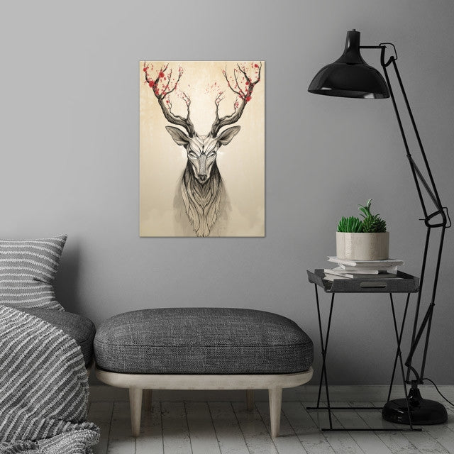 Deer Flowers Metal Wall Poster