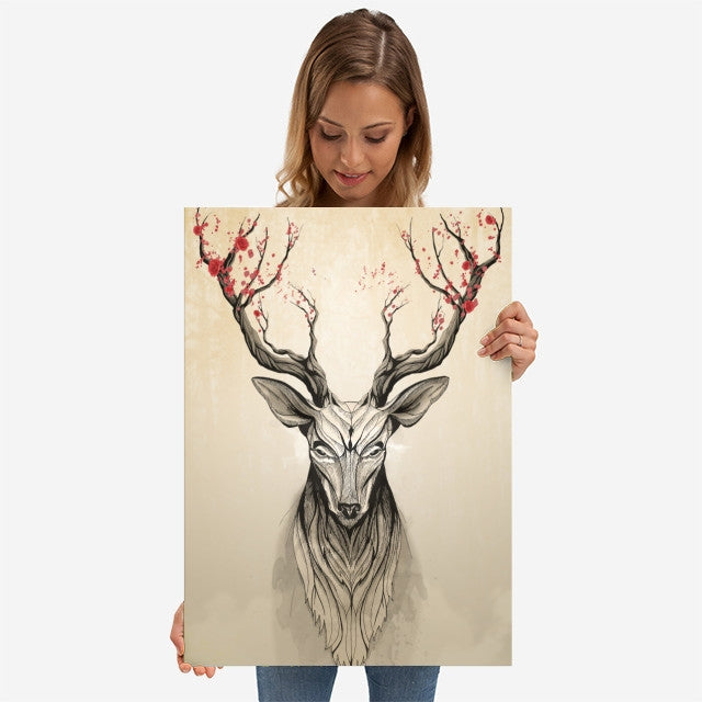 Deer Flowers Metal Wall Poster