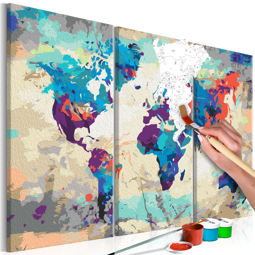 Tableau à peindre par soi-même - World Map (Blue & Red) 3 Parts