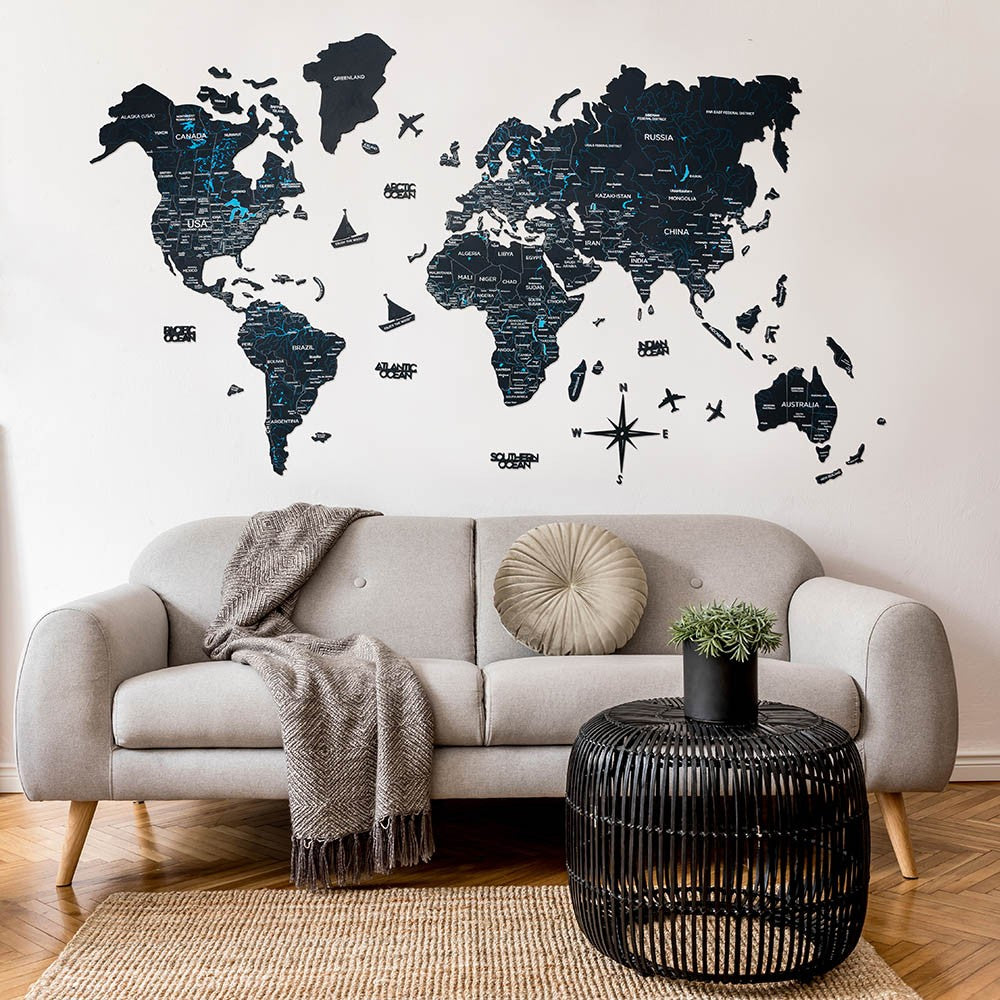Decoration carte du monde bois noir