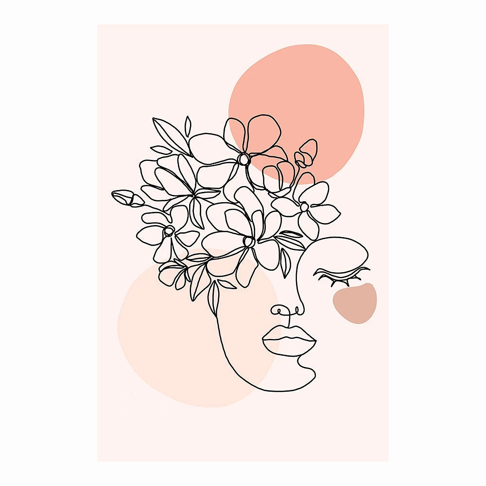 Tableau line art visage fleurs