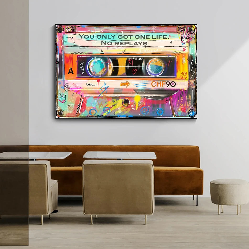 Tableau Pop Art "Cassette Vintage - Une Vie, Pas de Replay"