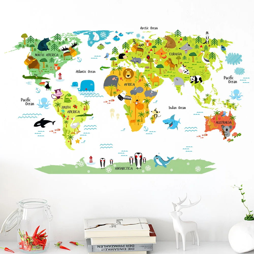 Sticker Mural Carte du Monde Illustrée avec Animaux