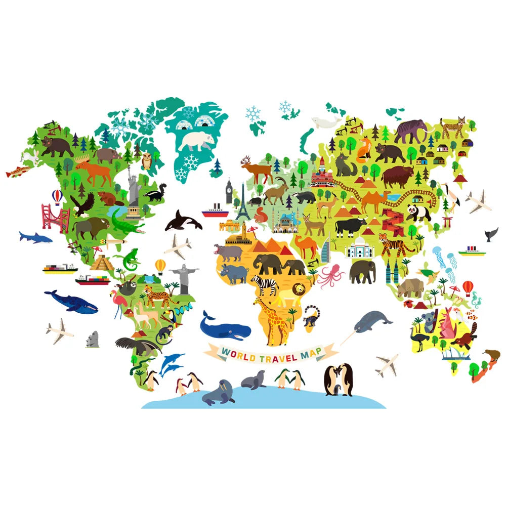 Sticker Mural Carte du Monde Illustrée avec Animaux