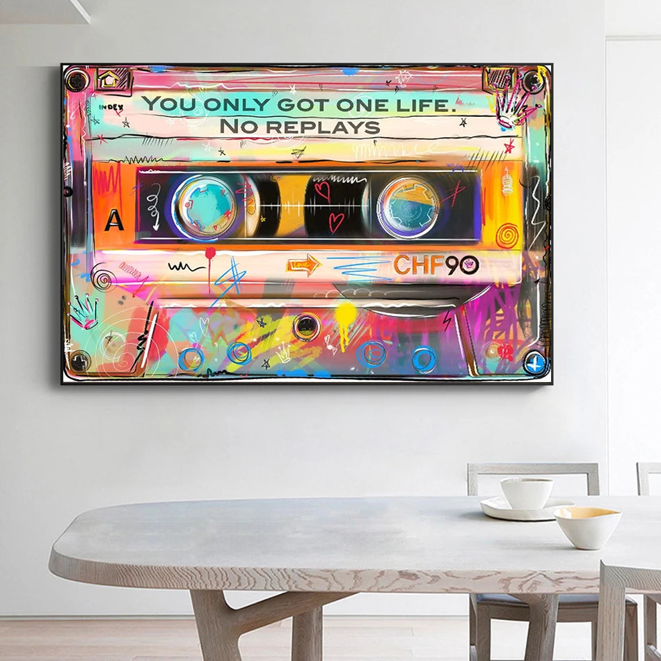 Tableau Pop Art "Cassette Vintage - Une Vie, Pas de Replay"