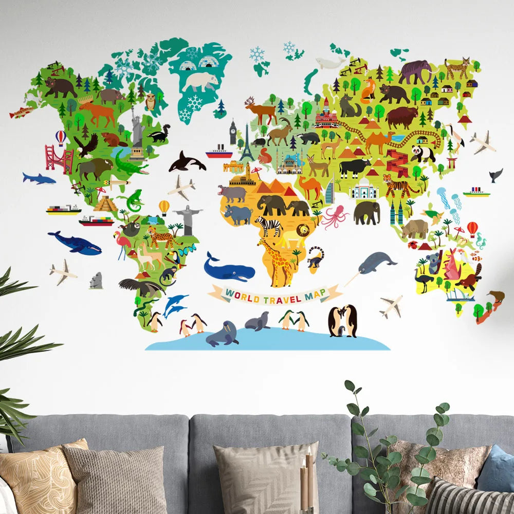 Sticker Mural Carte du Monde Illustrée avec Animaux