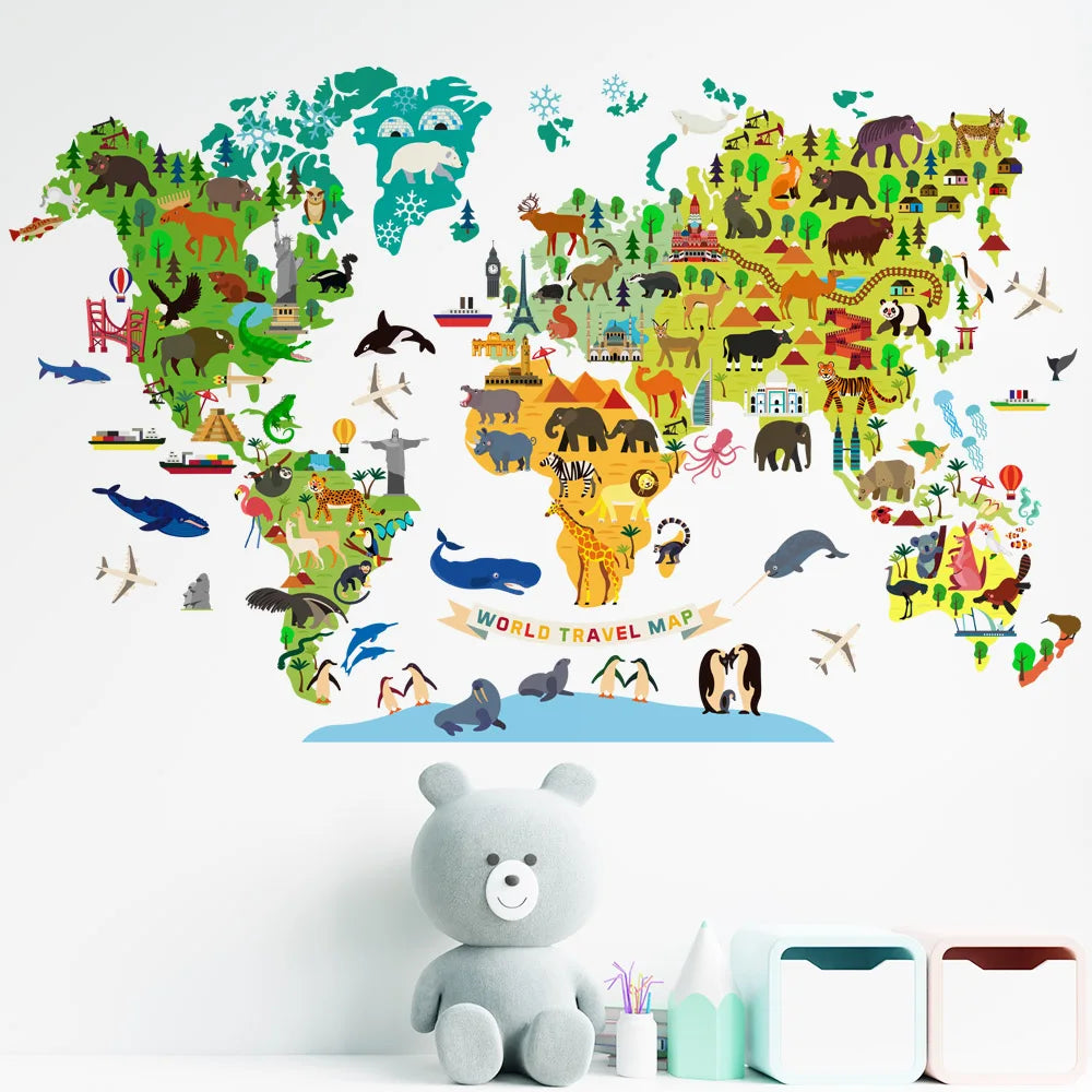 Sticker Mural Carte du Monde Illustrée avec Animaux