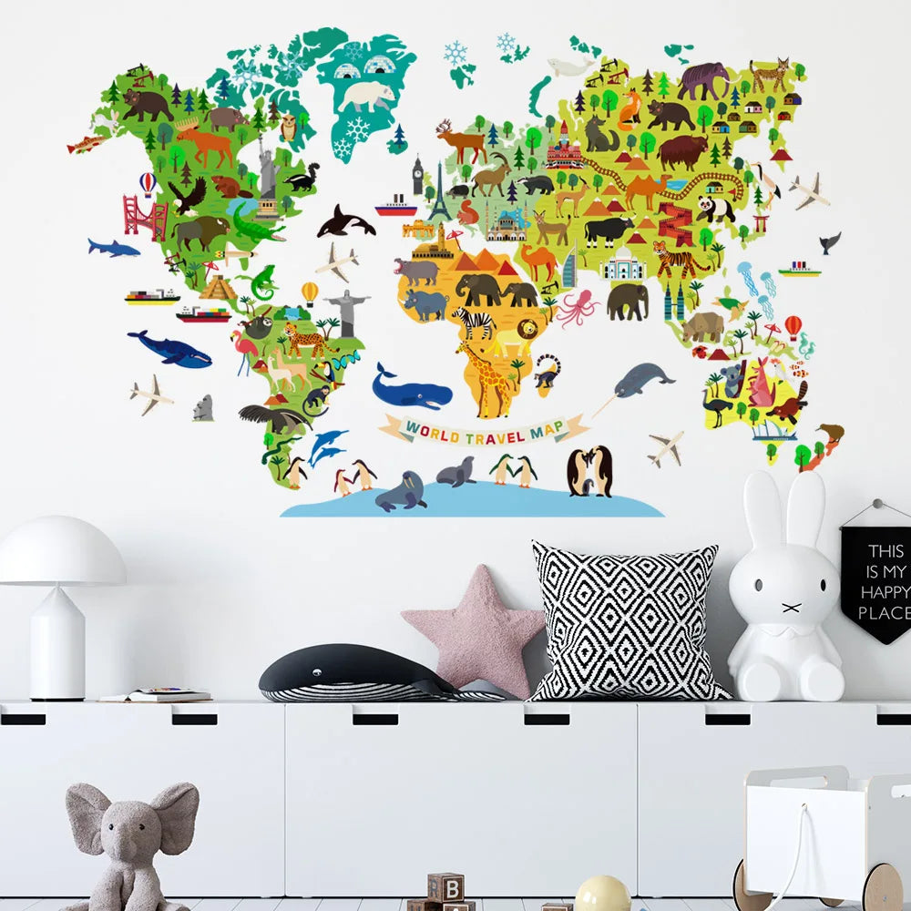 Sticker Mural Carte du Monde Illustrée avec Animaux