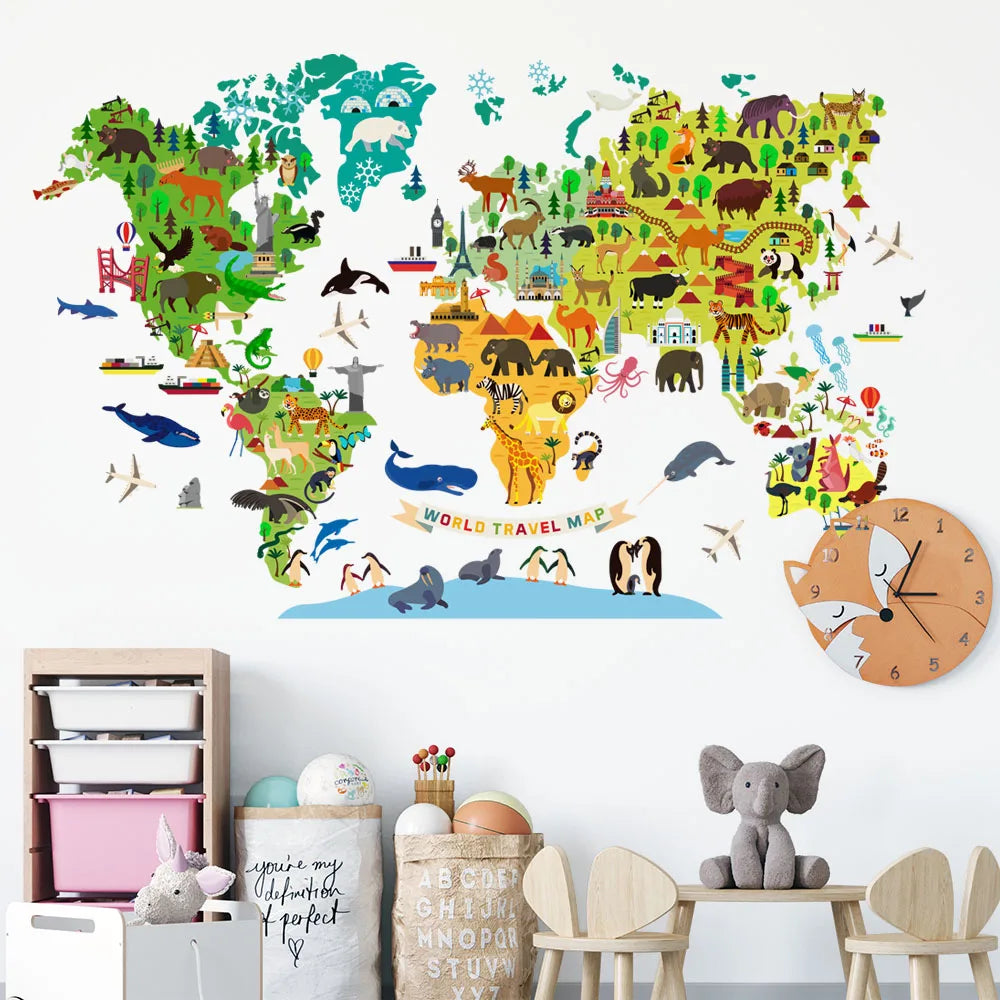 Sticker Mural Carte du Monde Illustrée avec Animaux