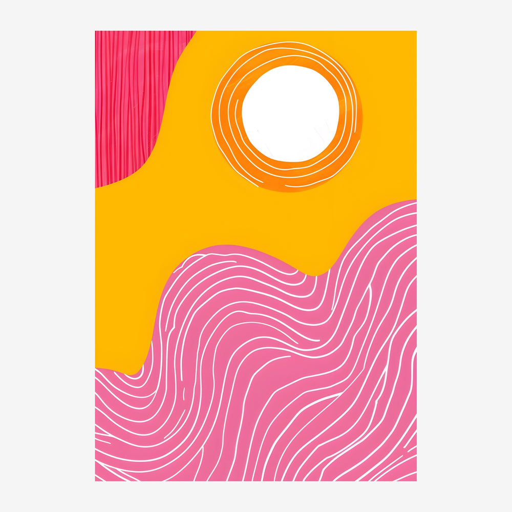 Composition abstraite géométrique avec zones rose fuchsia et jaune or, traversées de lignes blanches et un cercle.