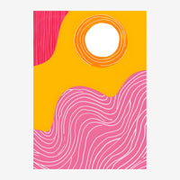 Composition abstraite géométrique avec zones rose fuchsia et jaune or, traversées de lignes blanches et un cercle.
